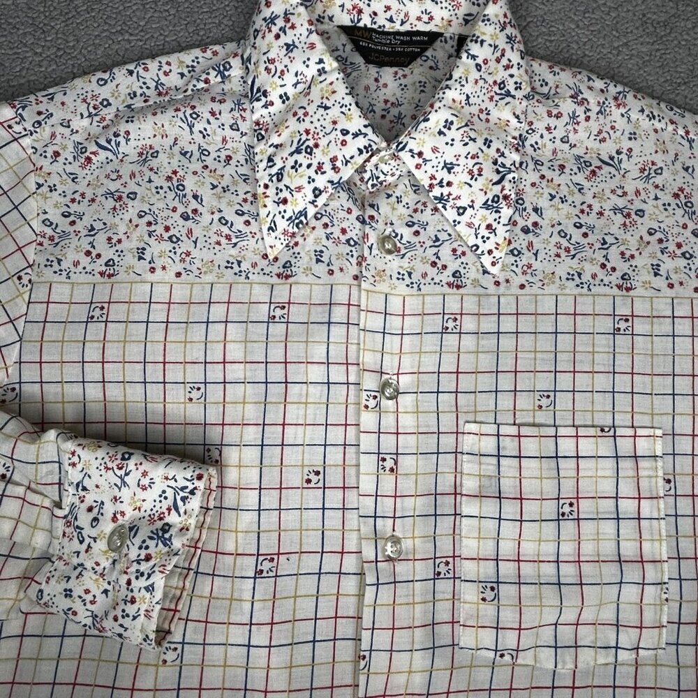 Vintage JCPenney Shirt Mens 15.5 34/35 Multicolor Plaid Floral 70s Funky Retro